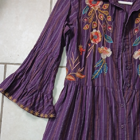 JOHNNY WAS Womens Size S Purple Stripped Embroidered Bell Sleeve Dress/Tunic - Picture 3 of 6